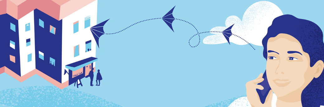 Illustration på kvinna som talar i telefon med någon i ett höghus.