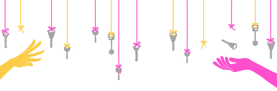 Illustration med nycklar som hänger i snören, händer som försöker få tag i nyckel
