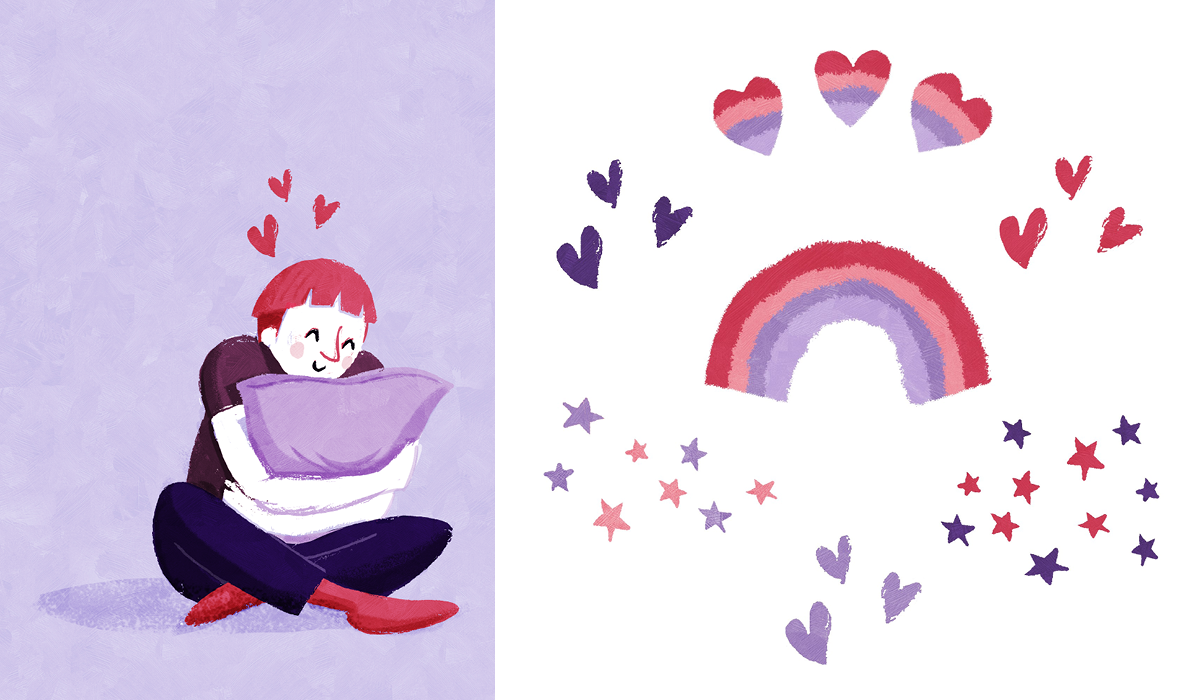 Illustration på en person som kramar en kudde samt hjärtan, stjärnor och regnbåge.