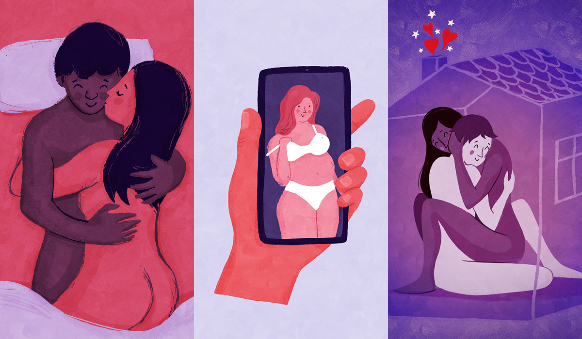 Illustrationer över två personer på varandra, en mobiltelefon som visar en lättklädd kvinna på skrämen och två nakna personer som sitt omslingrade i varandra.