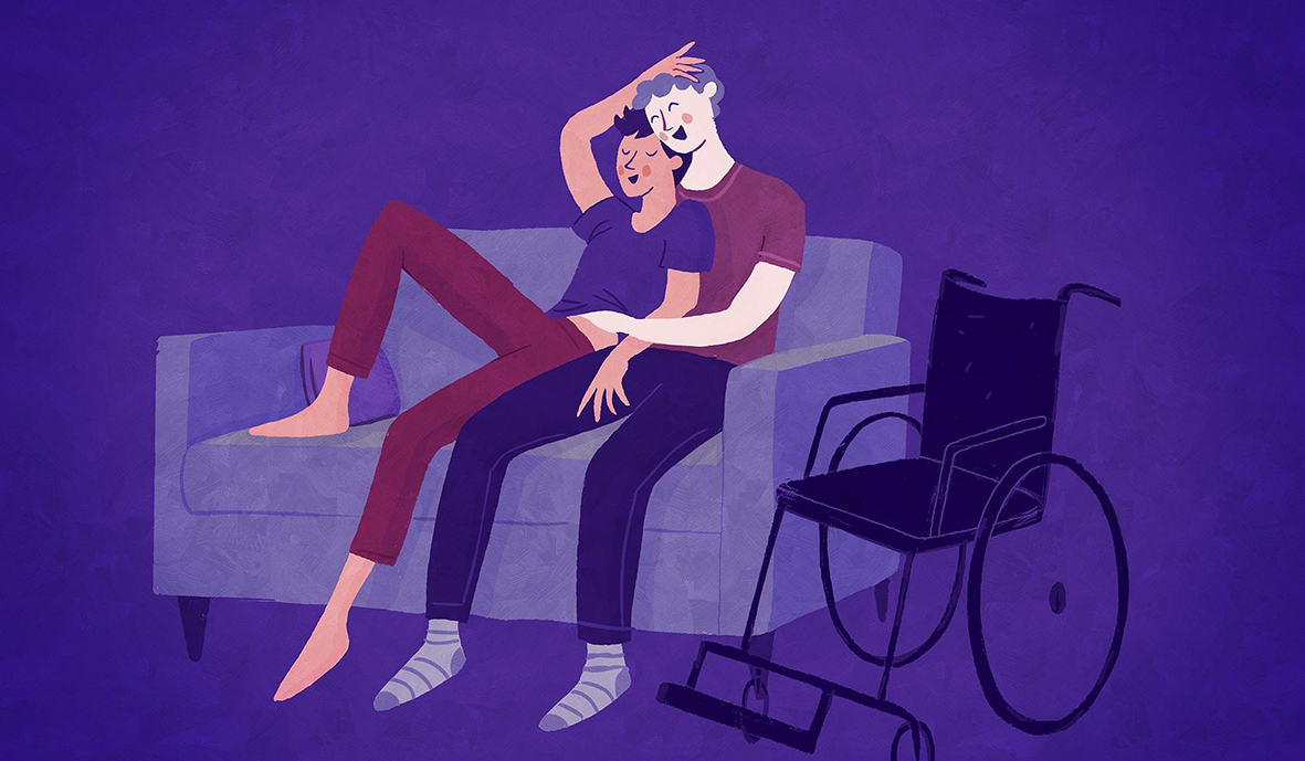 Illustration på två leende personer som sitter i en soffa, den ena håller handen i den andras byxor, invid står en rullstol.