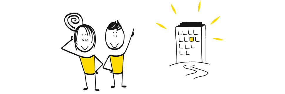 Illustration med två personer som står utanför ett höghus.