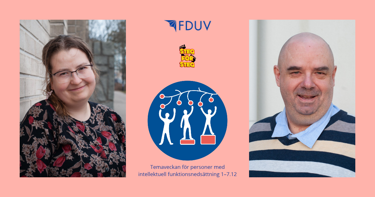 Carolina Lillgäls och Marcus Bergroth samt FDUV:s, Steg för Steg och temaveckans logo.