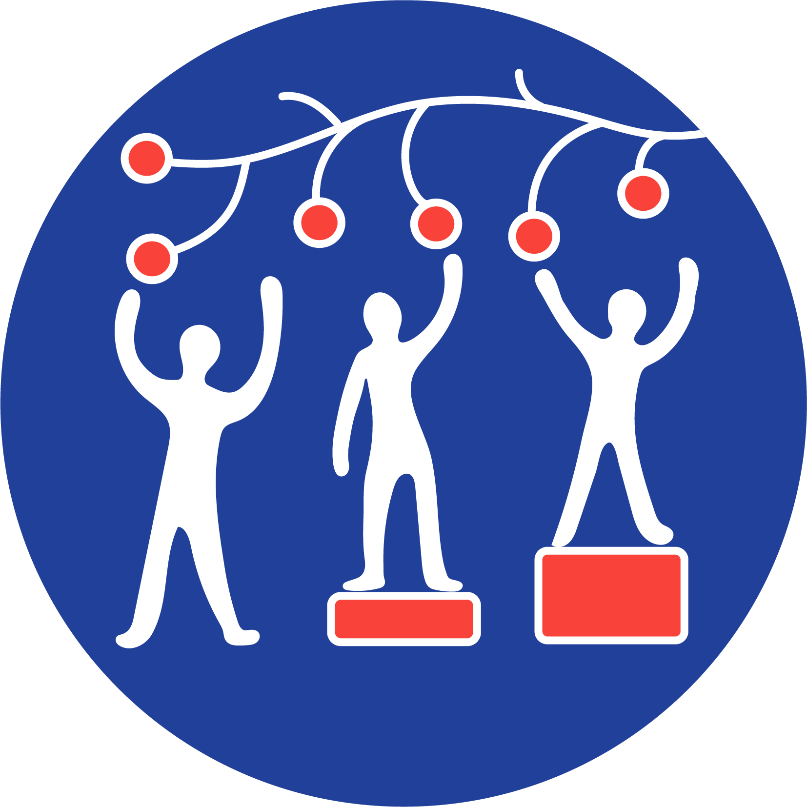 Temaveckans logo - illustraation på olika långa personer som når upp till äpplena i trädet tack vare olika höga pallar.