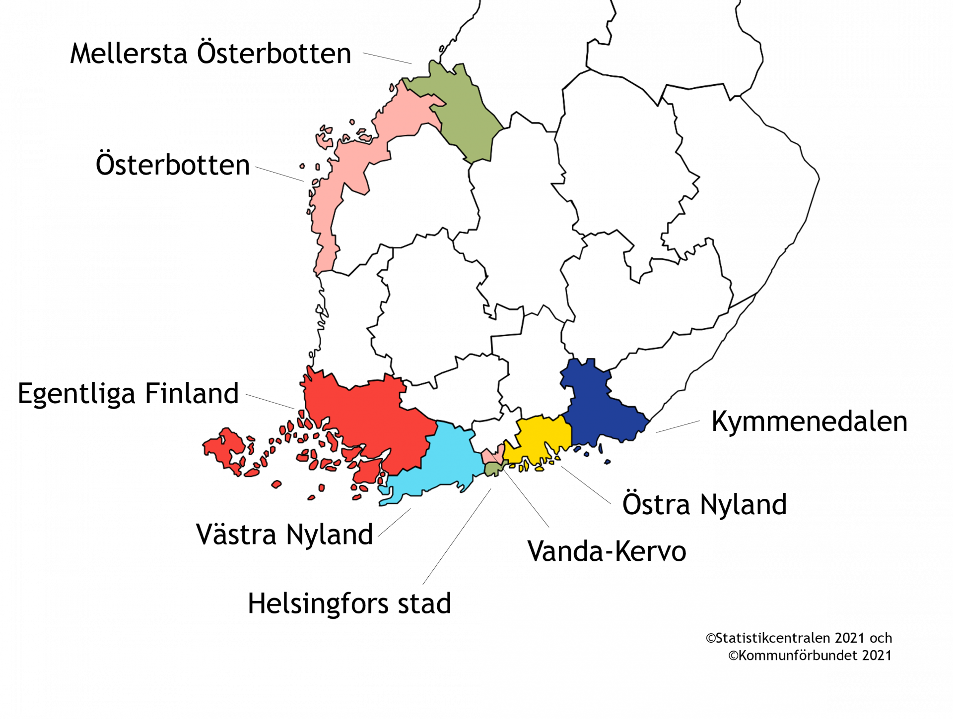 Karta över de tvåspråkiga välfärdsområdena är Mellersta Österbotten, Österbotten, Egentliga Finland, Västra Nyland, Helsingfors, Vanda-Kervo, Östra Nyland och Kymmenedalen.