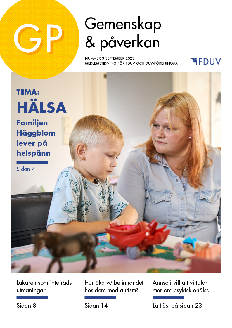 GP 3/2023 med temat hälsa. På pärmen en pojke och mamma med orolig min och texten "Familjen Häggblom lever på helspänn".