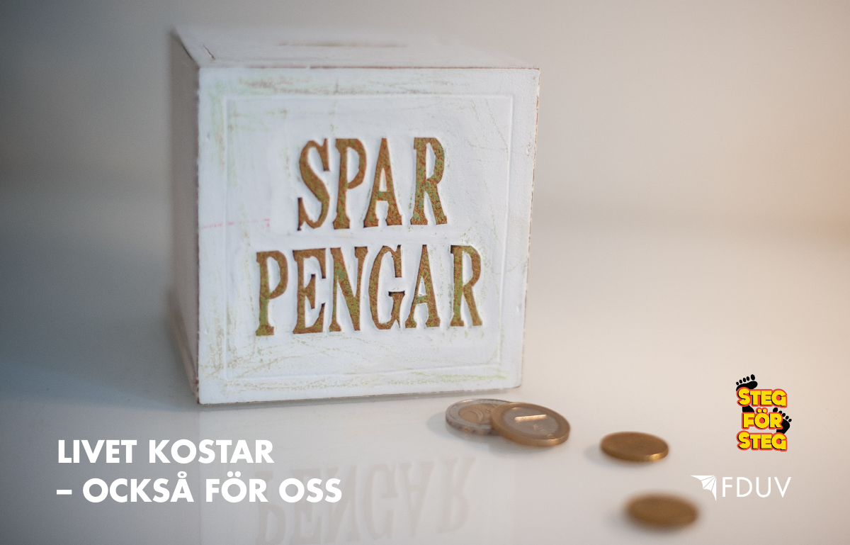 Några slantar vid en låda som det står sparpengar på och texten Livet kostar - också för oss, samt FDUVs och Steg för Stegs logon..