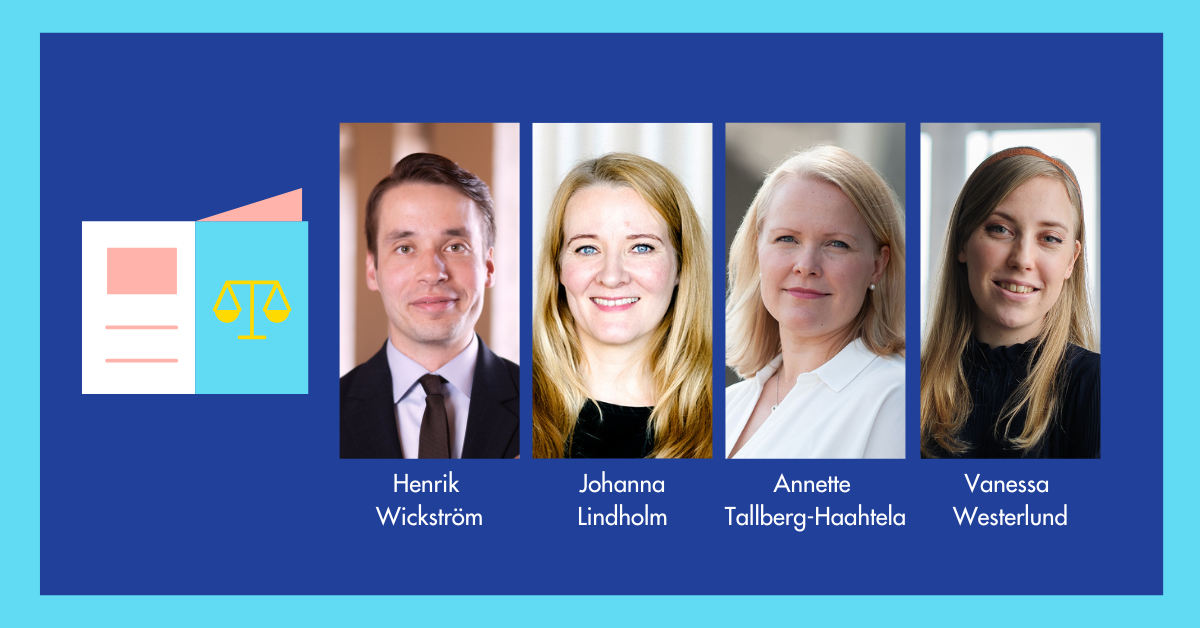 Illustration över en lagbok och foton på Henrik Wickström, Johanna Lindholm, Annette Tallberg-Haahtela och Vanessa Westerlund.