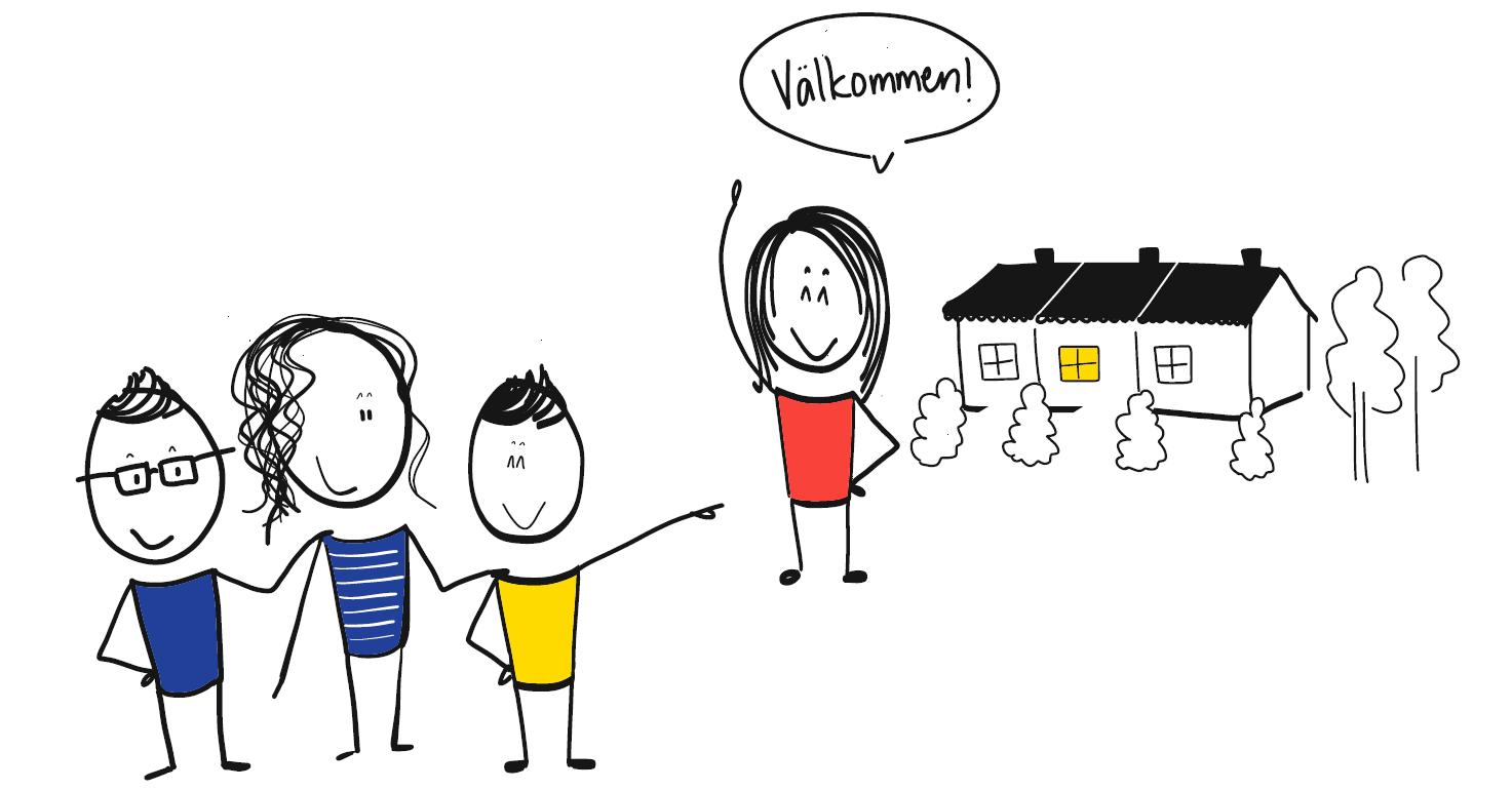 Illustration med person omgiven av anhöriga som pekar på ett hus utanför vilken en kvinna säger välkommen