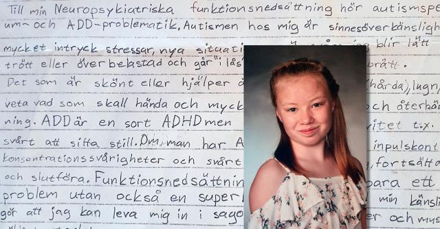 Handskriven text i bakgrunden, i förgrunden skolfoto på flicka.
