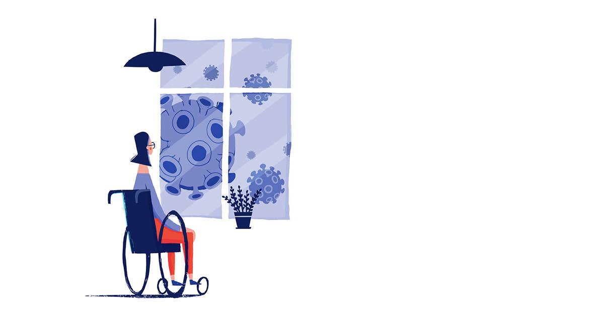 Illustration över person som sitter i en rullstol och tittar ut genom ett fönster.