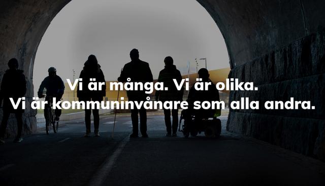 Personer med funktionsnedsättning och texten Vi är många. Vi är olika. Vi är kommuninvånare som alla andra.