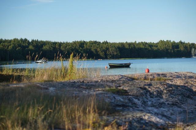 Sommarlandskap med roddbåt.