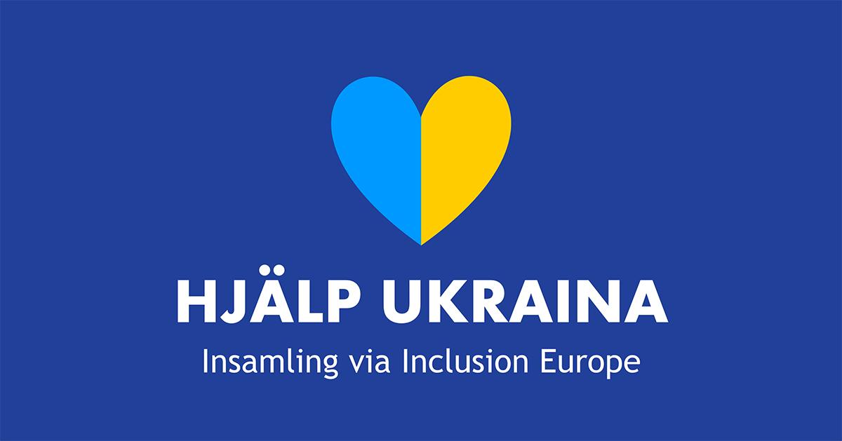 Ett hjärta i blått och gult med texten Hjälp Ukraina.