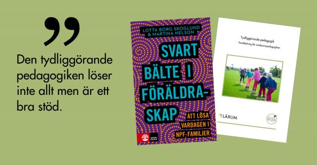 Citatet Den tydliggörande pedagogiken löser inte allt men är ett bra stöd och pärmbilden för boken Svart bälte i föräldraskap och handledning om tydliggörande pedagogik.