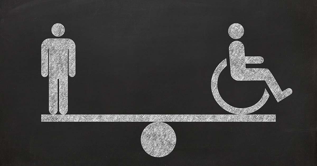 Illustration över ett balansbrede där en person utan synlig funktionsnedsättning är i jämvikt med person i rullstol.
