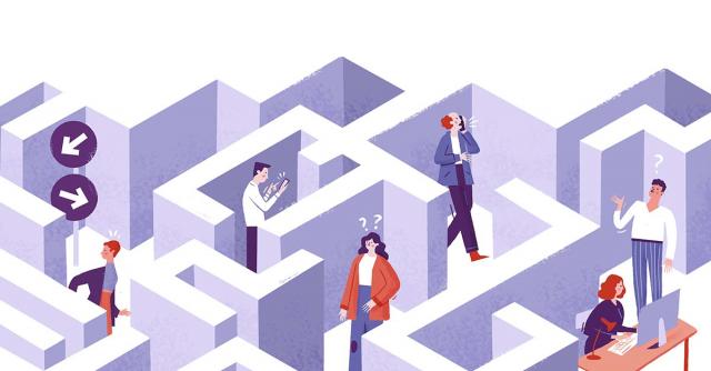 Illustration över en labyrint där personer försöker hitta rätt.