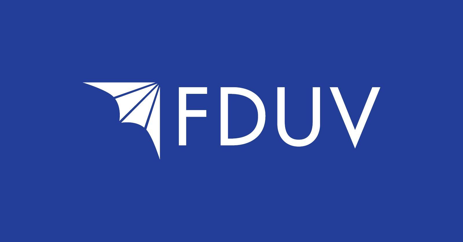 FDUVs vita logo på blå bakgrund.