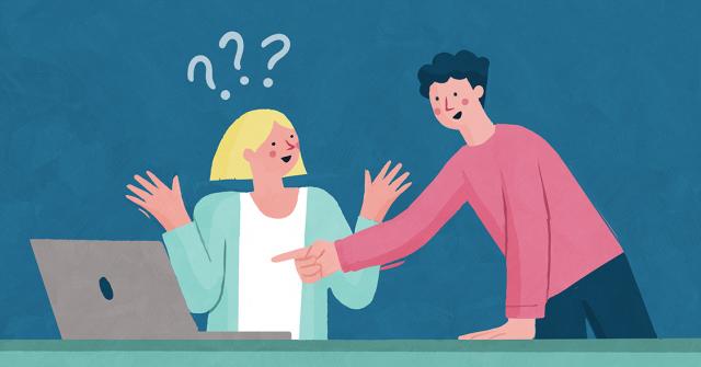 Illustration på en frågande kvinna vid dator och en man som hjälper.