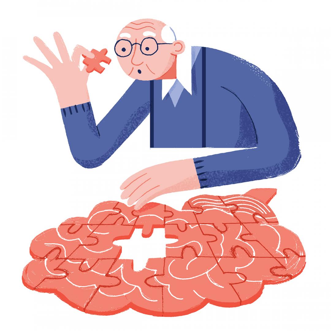 Illustration på en man som försöker lägga ett pussel som är format som en hjärna.