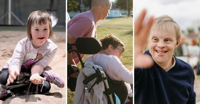 Flicka med Downs syndron, kvinna i rullstol och äldre man med Downs syndrom.